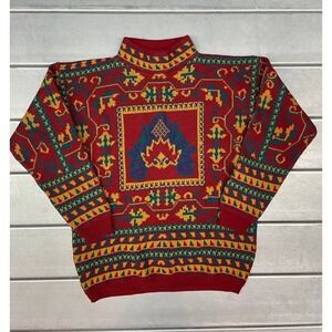 Vintage Hasting & Smith Mock‎ Neck Sweater Womens Med Red Yellow Aztec Geometric